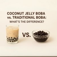 Comparison of coconut jelly boba in milk tea versus traditional black tapioca pearls, highlighting bubble tea topping differences.